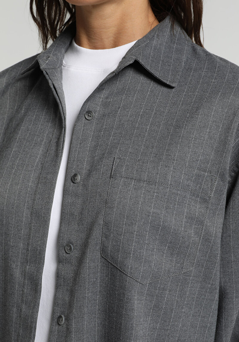 Boyfriend Fit Shirt Neck Çizgili Kadın Gri Uzun Kol Gömlek