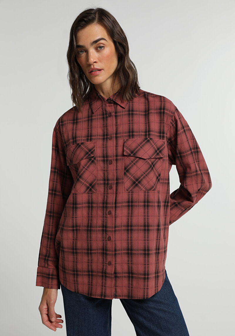 Fashion Fit Shirt Neck Ekoseli Kadın Turuncu Uzun Kol Gömlek