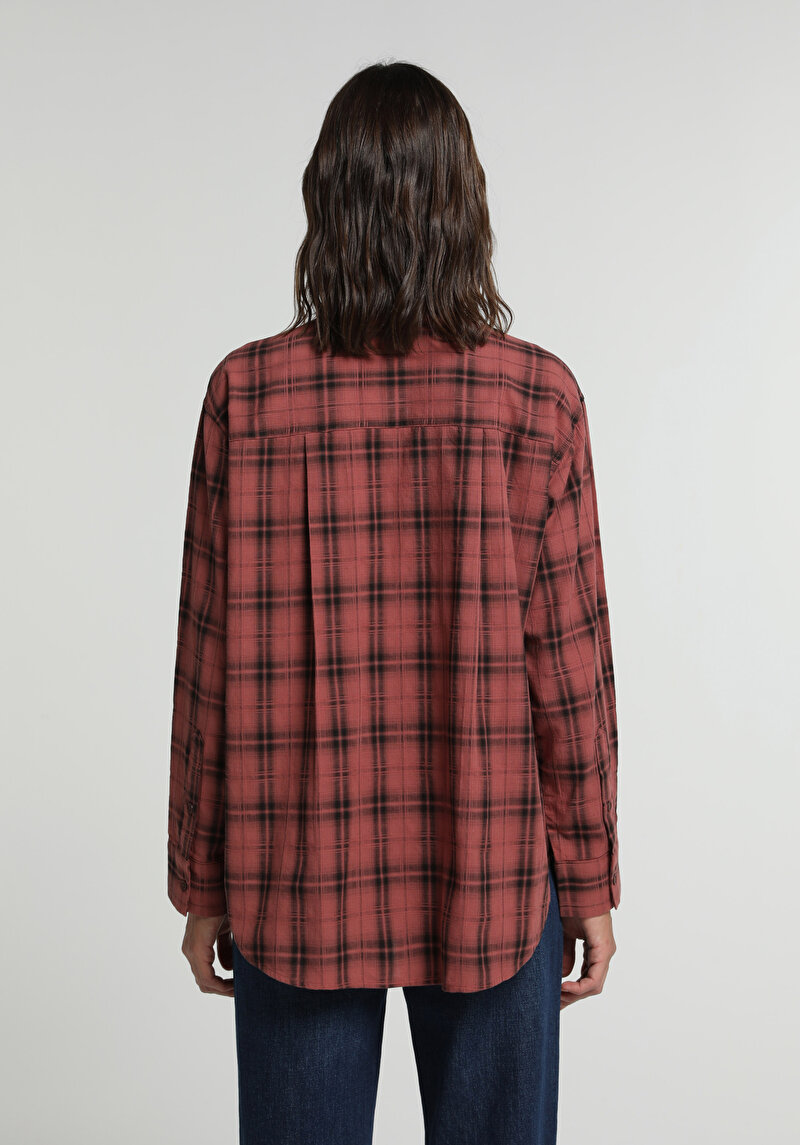 Fashion Fit Shirt Neck Ekoseli Kadın Turuncu Uzun Kol Gömlek