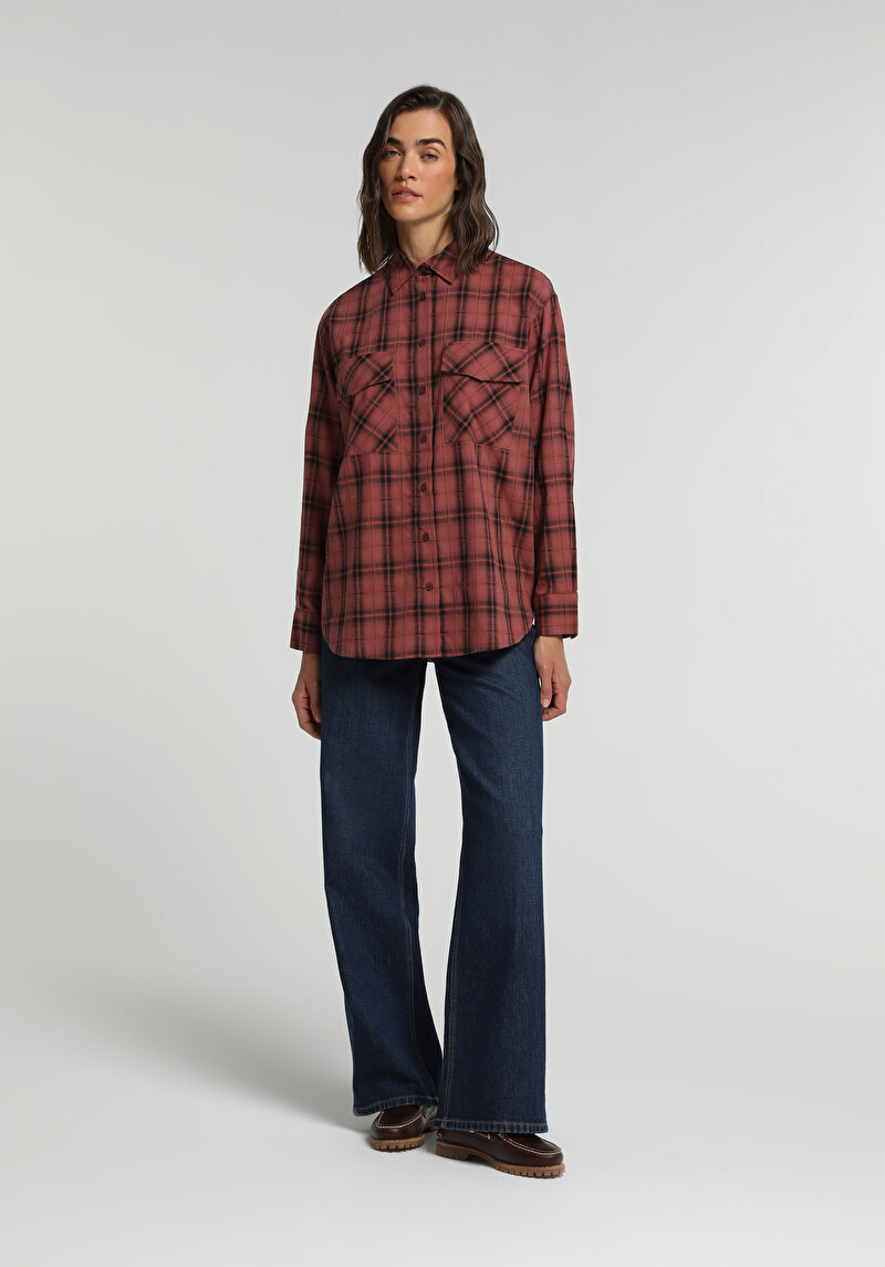 Fashion Fit Shirt Neck Ekoseli Kadın Turuncu Uzun Kol Gömlek