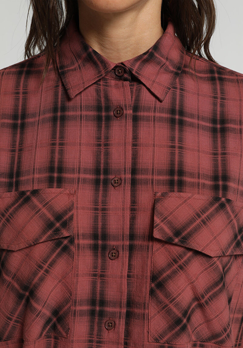 Fashion Fit Shirt Neck Ekoseli Kadın Turuncu Uzun Kol Gömlek