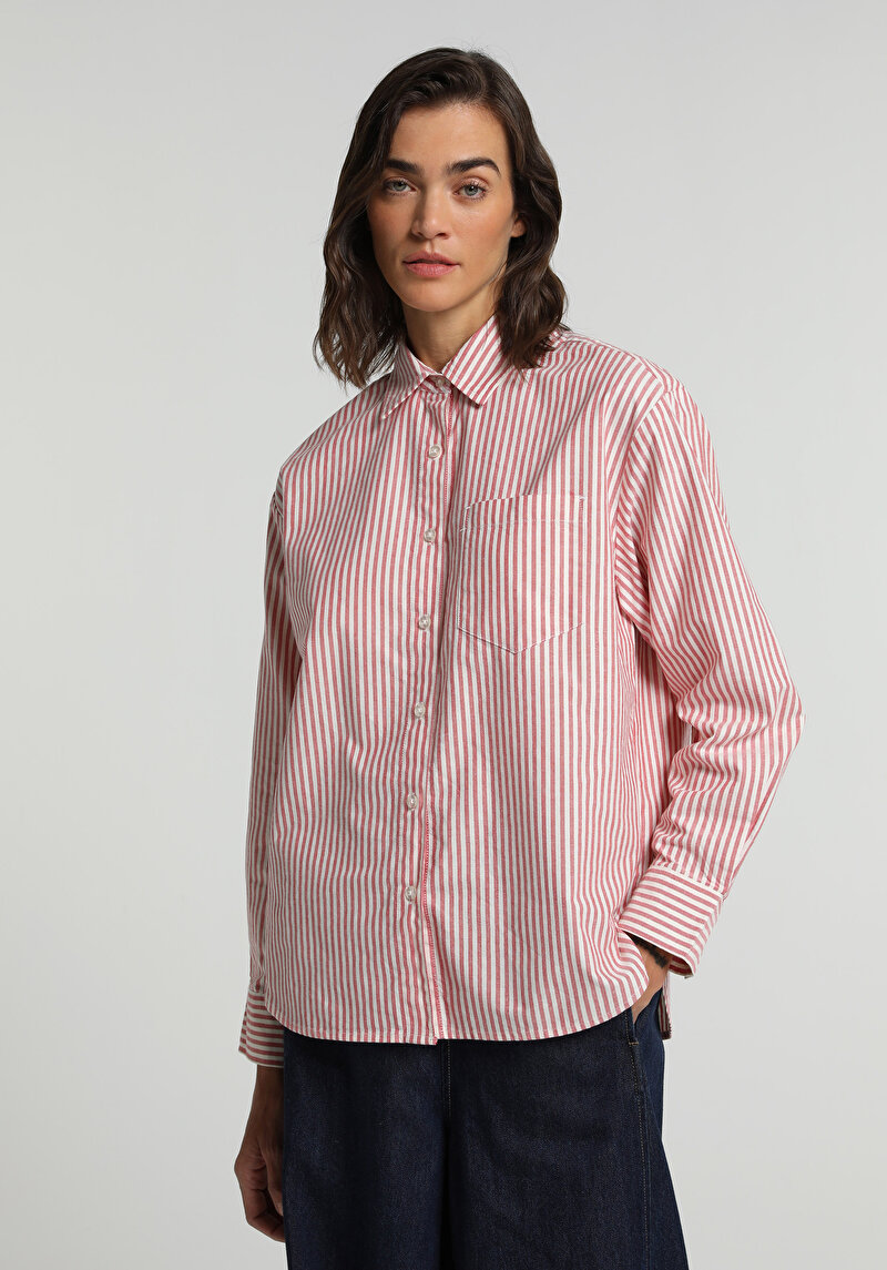 Boyfriend Fit Shirt Neck Çizgili Kadın Kirmizi Uzun Kol Gömlek