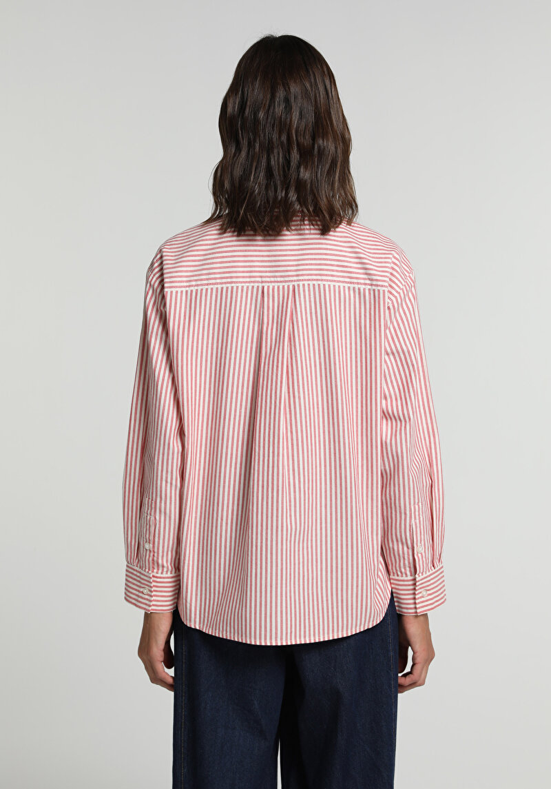 Boyfriend Fit Shirt Neck Çizgili Kadın Kirmizi Uzun Kol Gömlek