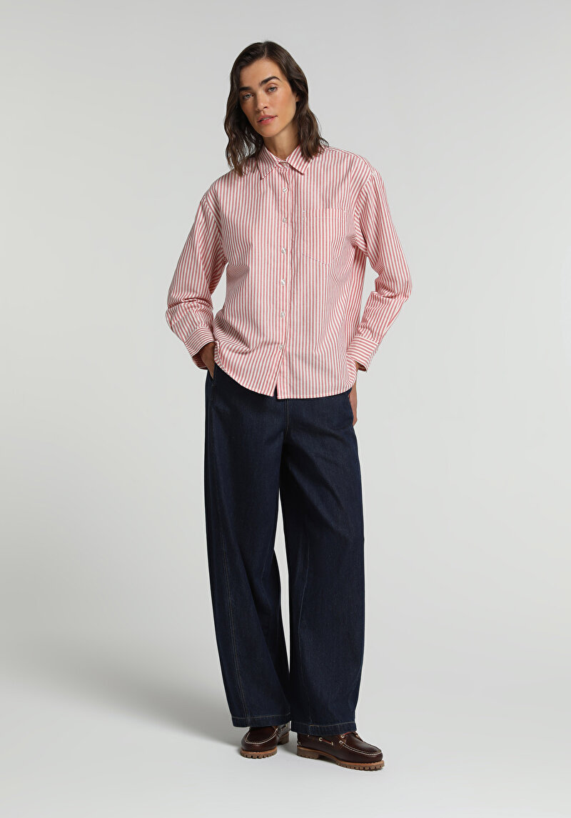 Boyfriend Fit Shirt Neck Çizgili Kadın Kirmizi Uzun Kol Gömlek