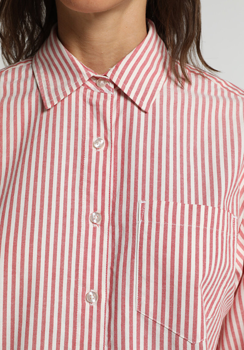 Boyfriend Fit Shirt Neck Çizgili Kadın Kirmizi Uzun Kol Gömlek