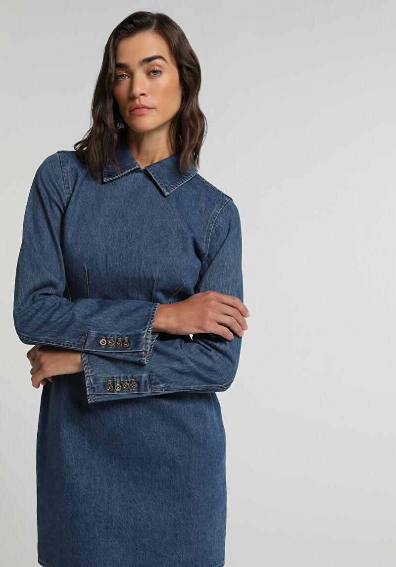 Slim Fit Düz Kadın Mid İndigo Denim Uzun Kol Elbise