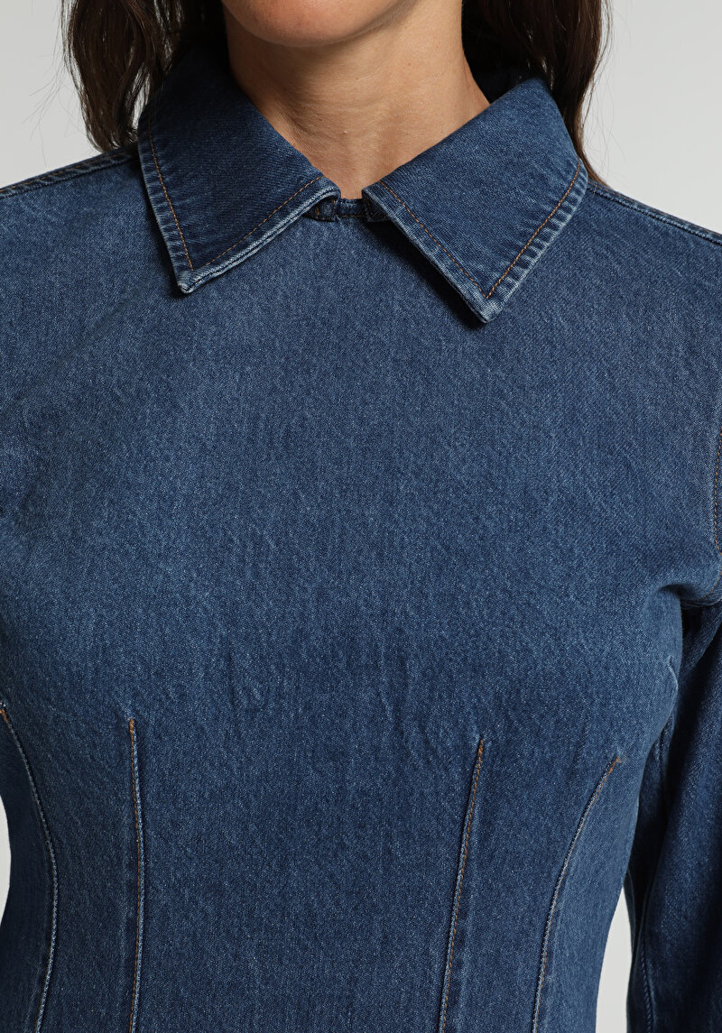 Slim Fit Düz Kadın Mid İndigo Denim Uzun Kol Elbise