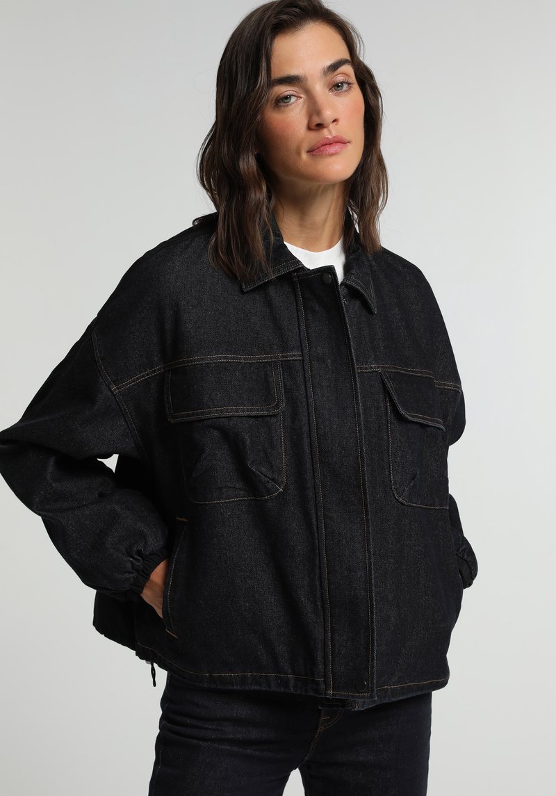 Oversize Fit Fermuarlı Astarlı Kadın Dark İndigo Denim Ceket