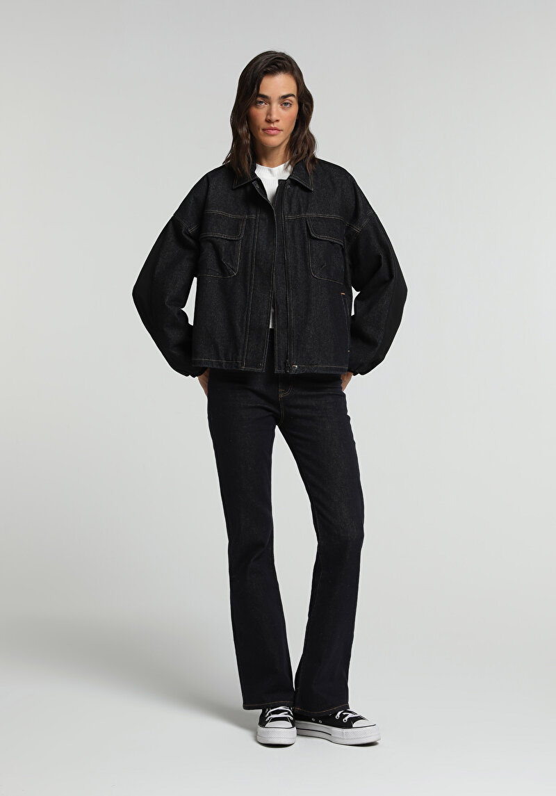 Oversize Fit Fermuarlı Astarlı Kadın Dark İndigo Denim Ceket