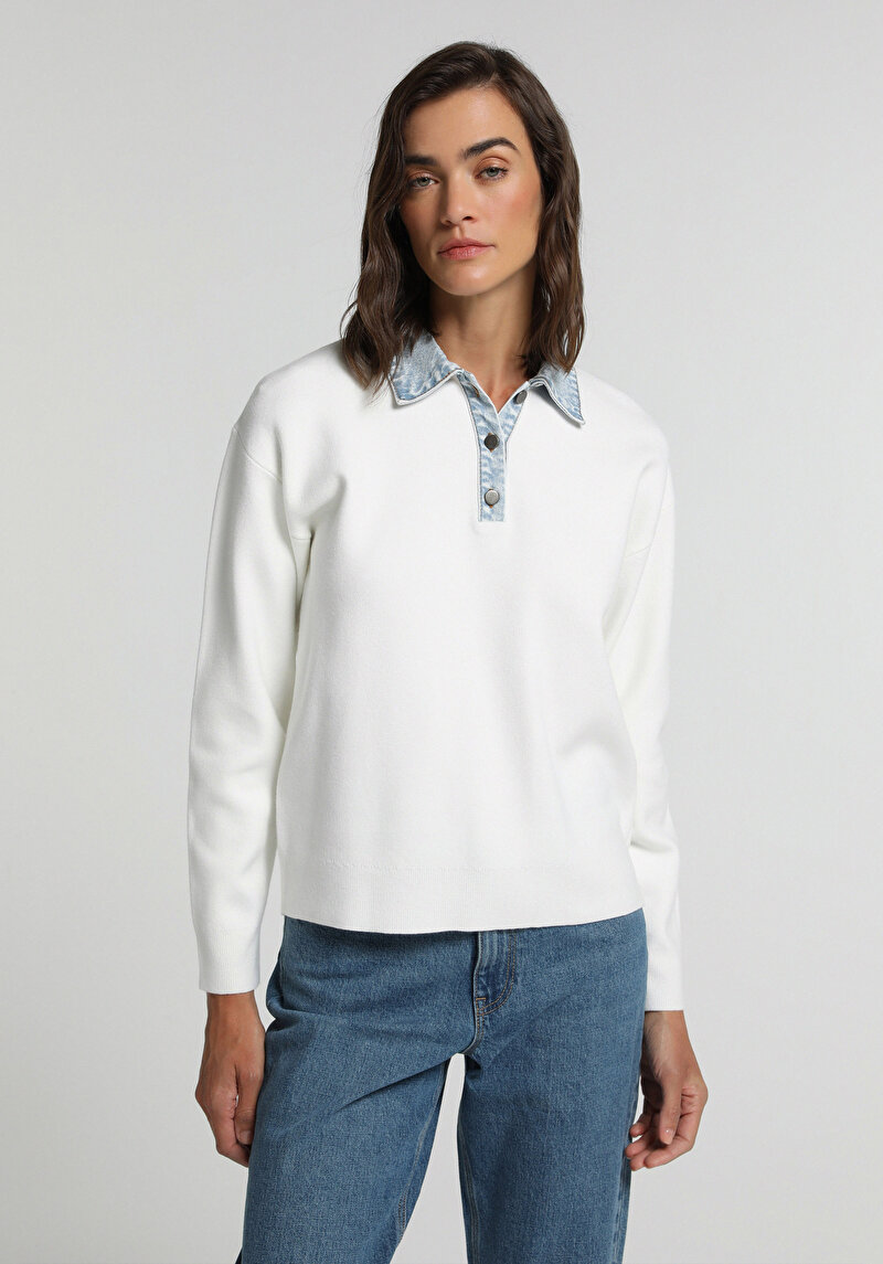 Regular Fit Polo Yaka Düz Kadın Beyaz Kazak