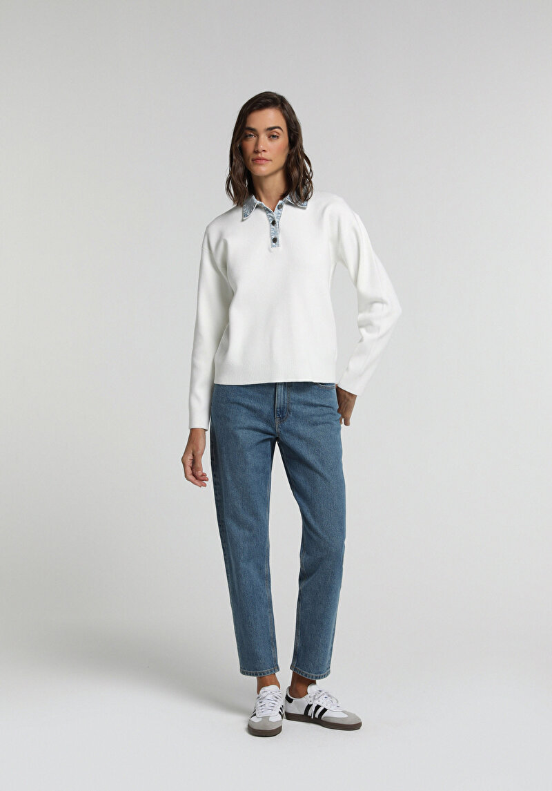 Regular Fit Polo Yaka Düz Kadın Beyaz Kazak