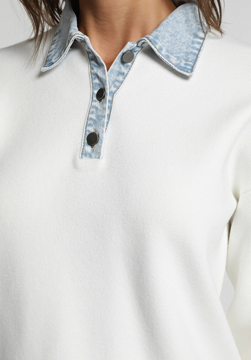 Regular Fit Polo Yaka Düz Kadın Beyaz Kazak