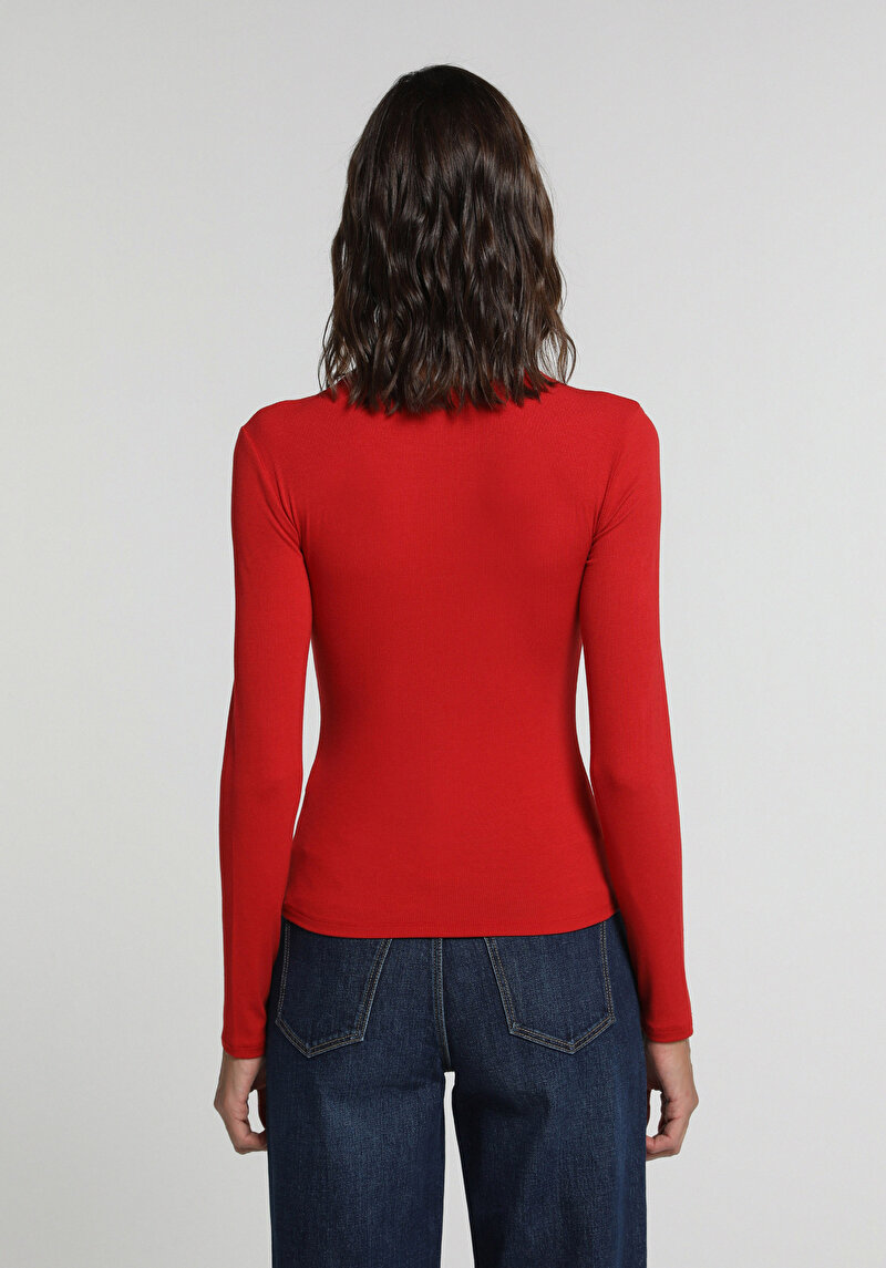 Slim Fit Yuvarlak Yaka Düz Kadın Kirmizi Uzun Kol Tişört