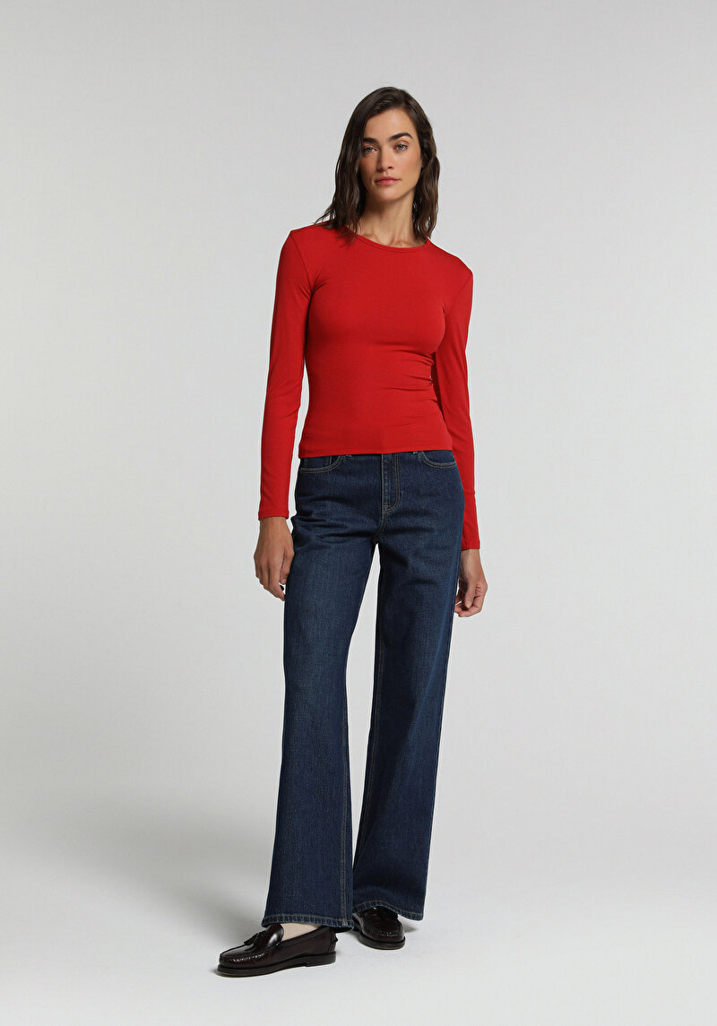 Slim Fit Yuvarlak Yaka Düz Kadın Kirmizi Uzun Kol Tişört