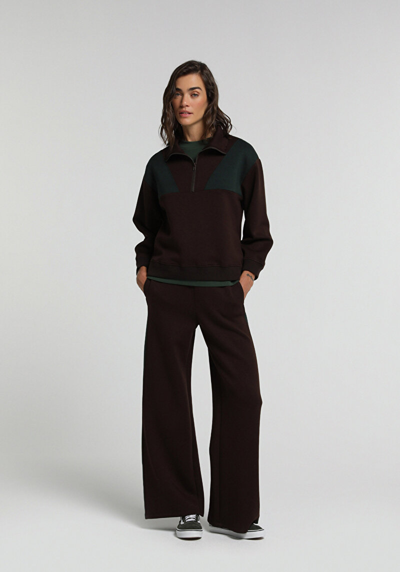 Regular Fit Polo Yaka Düz Kadın Kahverengi Sweatshirt