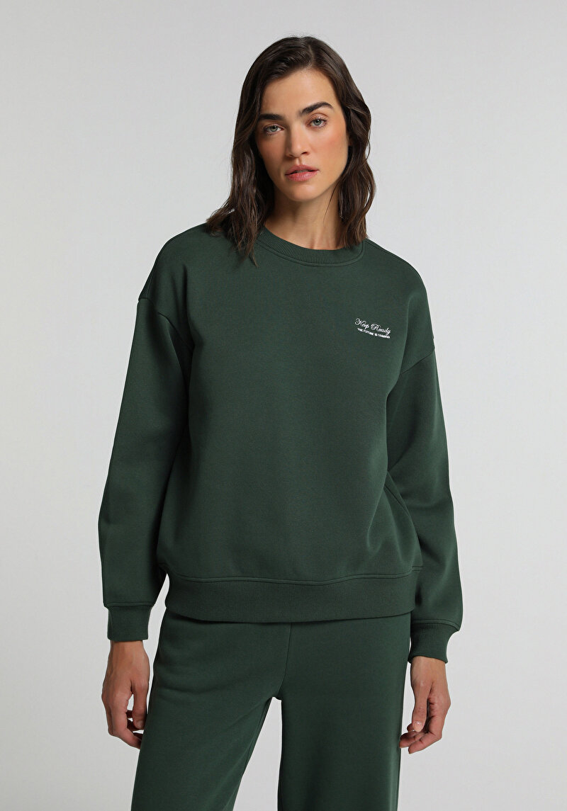 Regular Fit Yuvarlak Yaka Baskılı Kadın Yeşil Sweatshirt