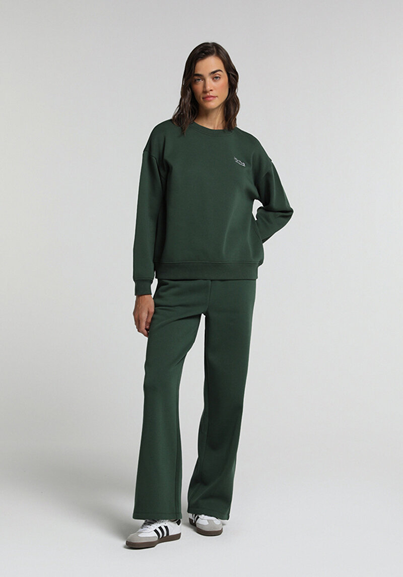 Regular Fit Yuvarlak Yaka Baskılı Kadın Yeşil Sweatshirt