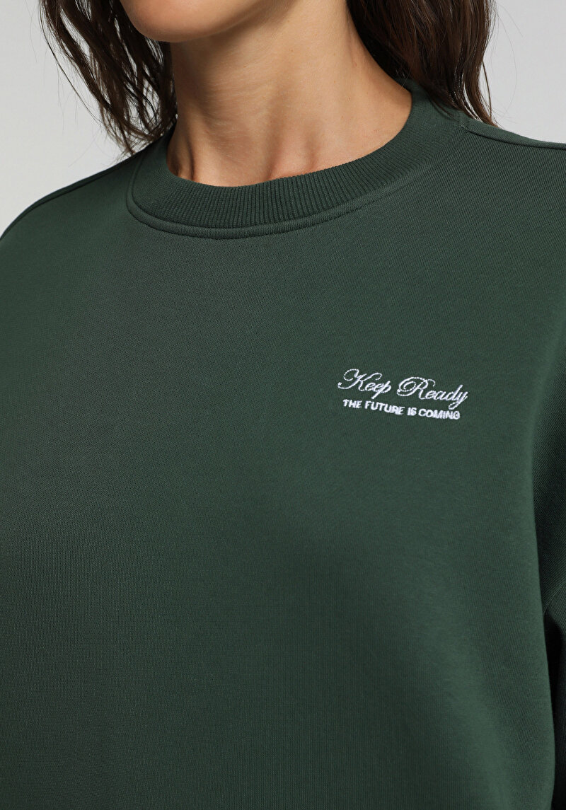 Regular Fit Yuvarlak Yaka Baskılı Kadın Yeşil Sweatshirt