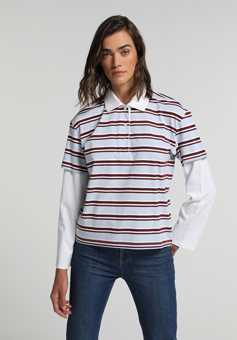 Regular Fit Polo Yaka Çizgili Kadın Çok Renkli Uzun Kol Tişört