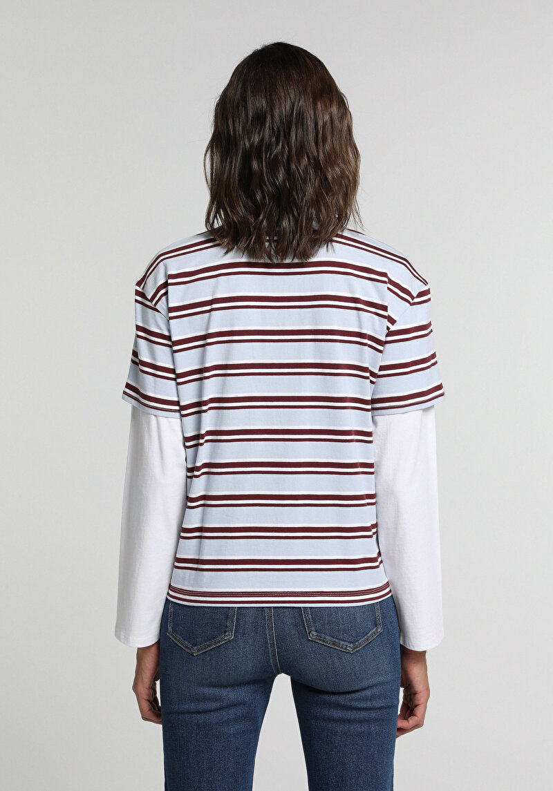 Regular Fit Polo Yaka Çizgili Kadın Çok Renkli Uzun Kol Tişört