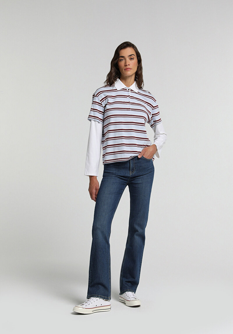 Regular Fit Polo Yaka Çizgili Kadın Çok Renkli Uzun Kol Tişört
