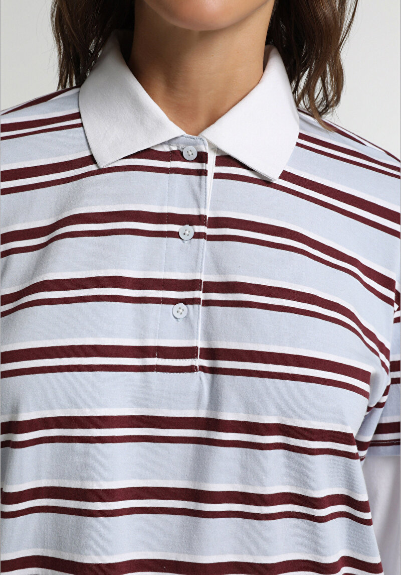 Regular Fit Polo Yaka Çizgili Kadın Çok Renkli Uzun Kol Tişört
