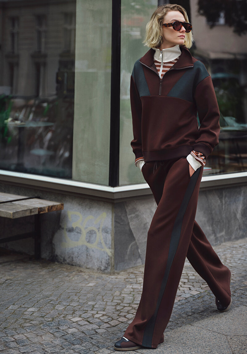 Regular Fit Polo Yaka Çizgili Kadın Kahverengi Sweatshirt