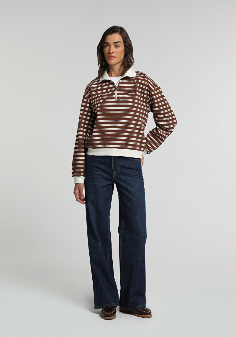 Regular Fit Polo Yaka Çizgili Kadın Kahverengi Sweatshirt