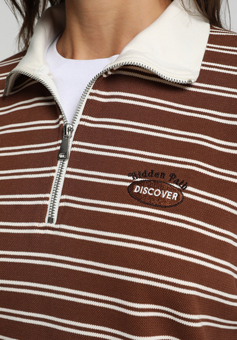 Regular Fit Polo Yaka Çizgili Kadın Kahverengi Sweatshirt