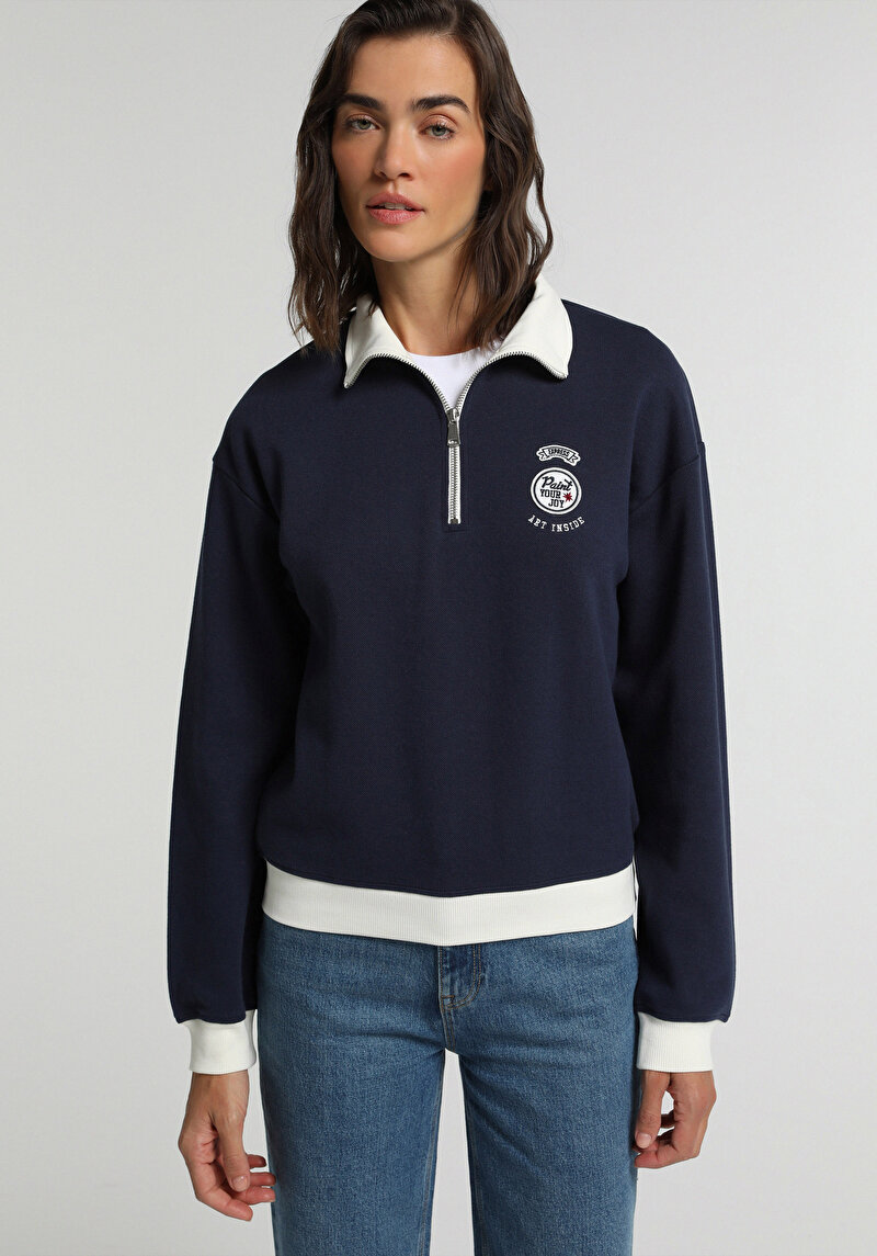 Regular Fit Polo Yaka Nakışlı Kadın Lacivert Sweatshirt
