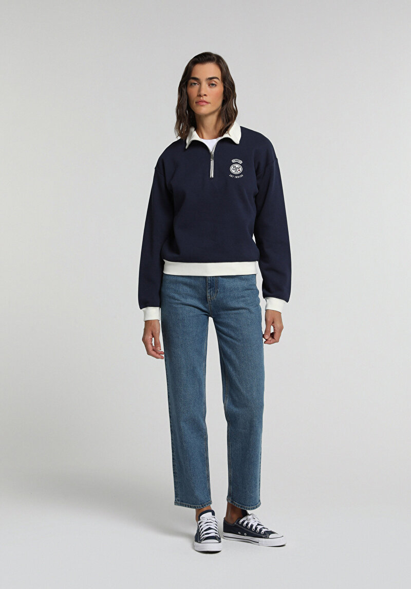 Regular Fit Polo Yaka Nakışlı Kadın Lacivert Sweatshirt