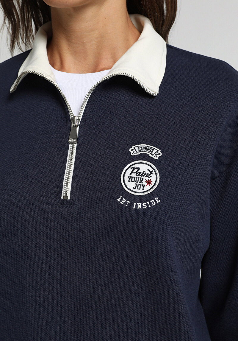 Regular Fit Polo Yaka Nakışlı Kadın Lacivert Sweatshirt