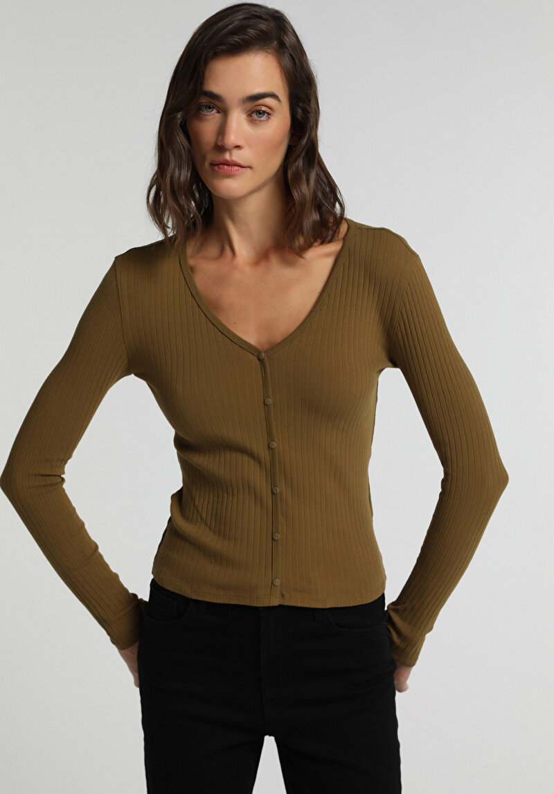 Slim Fit V Yaka Düz Kadın Uzun Kol Tişört