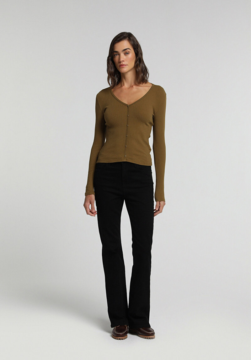 Slim Fit V Yaka Düz Kadın Uzun Kol Tişört