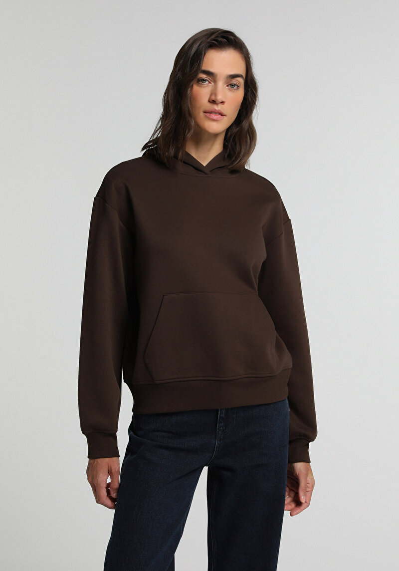 Regular Fit Kapüşonlu Düz Kadın Kahverengi Sweatshirt