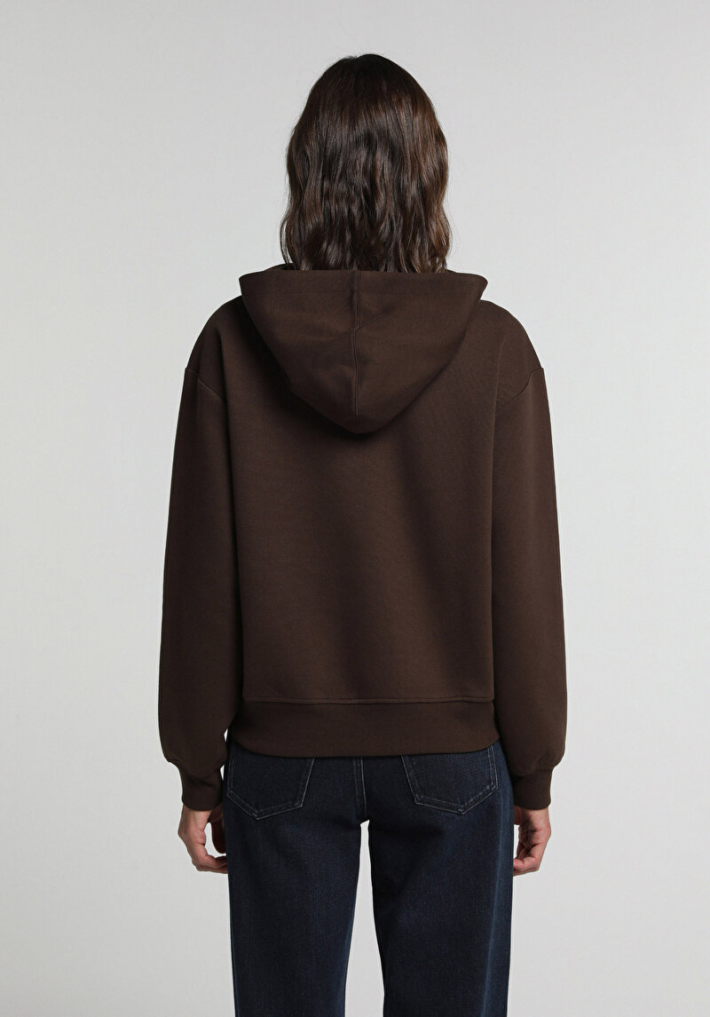 Regular Fit Kapüşonlu Düz Kadın Kahverengi Sweatshirt