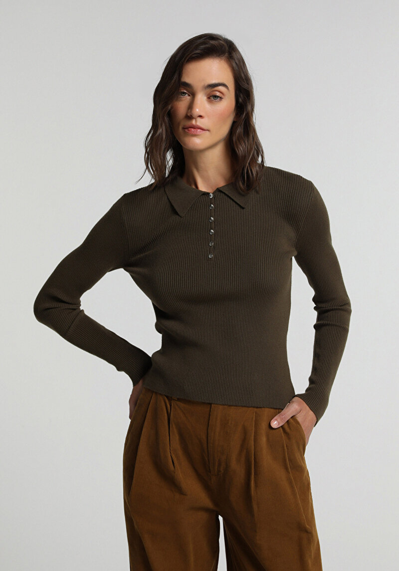 Slim Fit Polo Yaka Düz Kadın Yeşil Kazak
