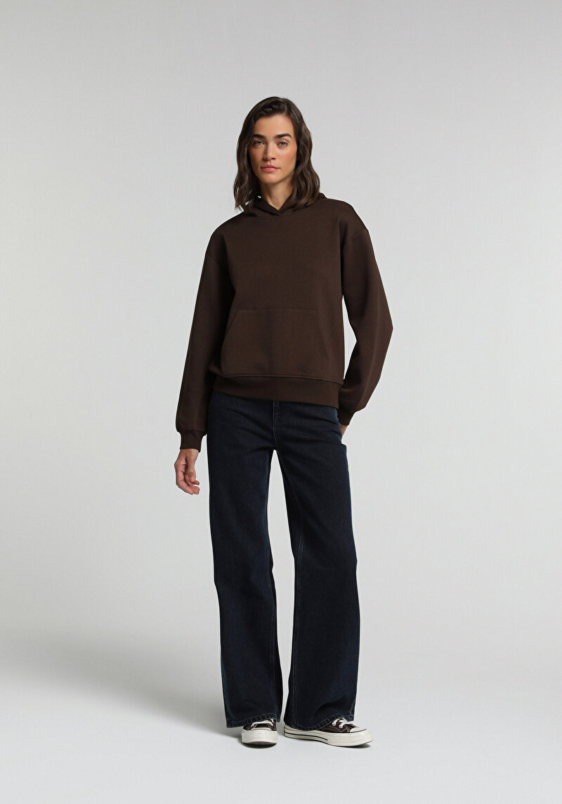 Regular Fit Kapüşonlu Düz Kadın Kahverengi Sweatshirt