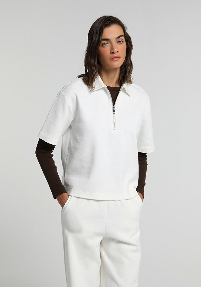Regular Fit Polo Yaka Düz Kadın Beyaz Kısa Kol Tişört