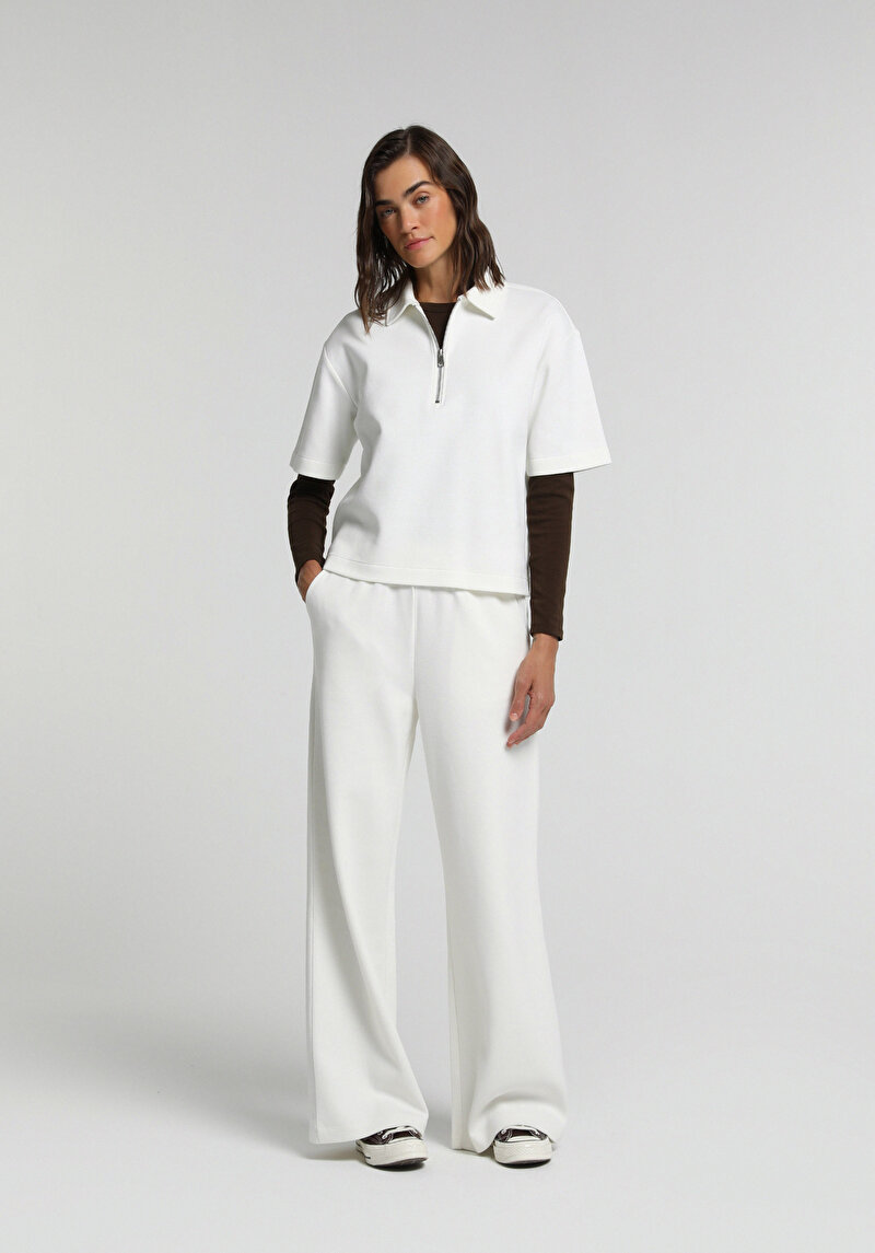 Regular Fit Polo Yaka Düz Kadın Beyaz Kısa Kol Tişört