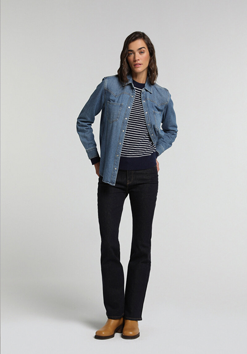 Flare Fit Orta Bel Ispanyol Paça Kadın Dark İndigo Denim Jean Pantolon