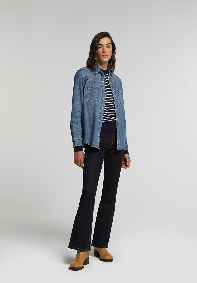 Flare Fit Orta Bel Ispanyol Paça Kadın Dark İndigo Denim Jean Pantolon