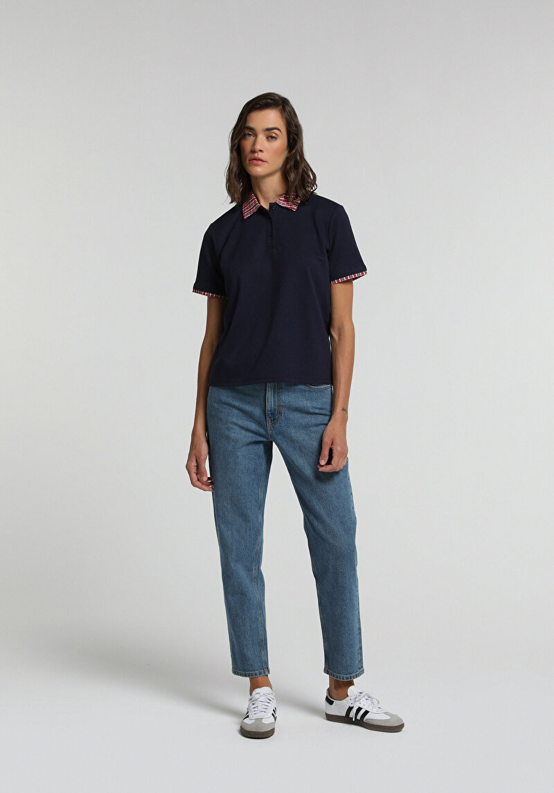 Regular Fit Shirt Neck Düz Kadın Lacivert Kısa Kol Tişört