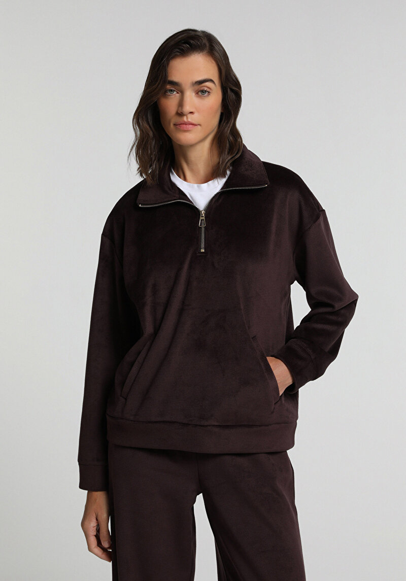 Regular Fit Fermuarlı Düz Kadın Mor Sweatshirt