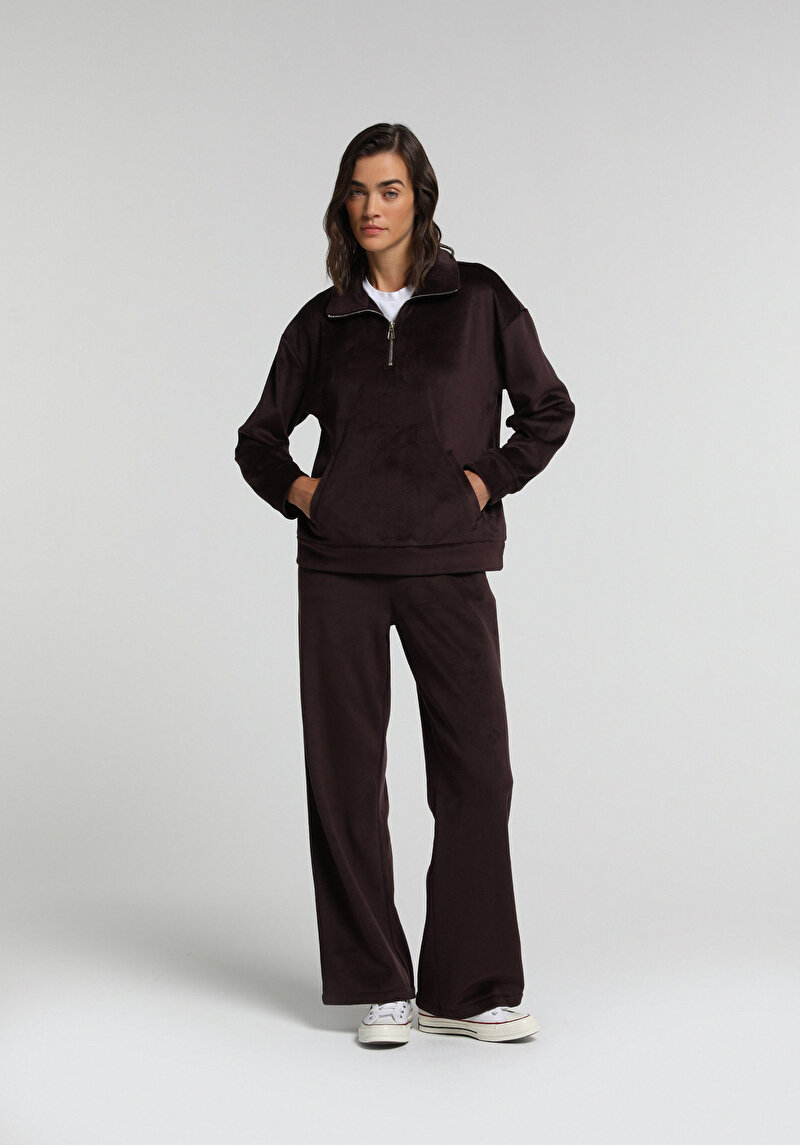 Regular Fit Fermuarlı Düz Kadın Mor Sweatshirt