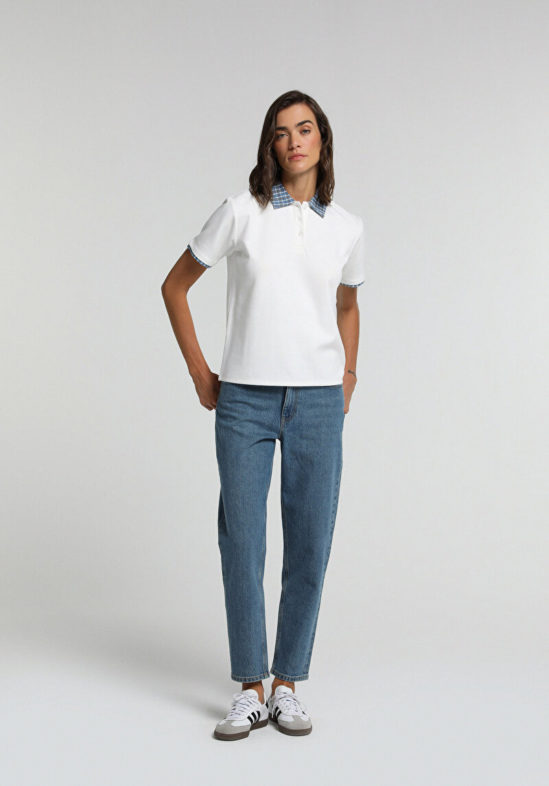 Regular Fit Shirt Neck Düz Kadın Beyaz Kısa Kol Tişört