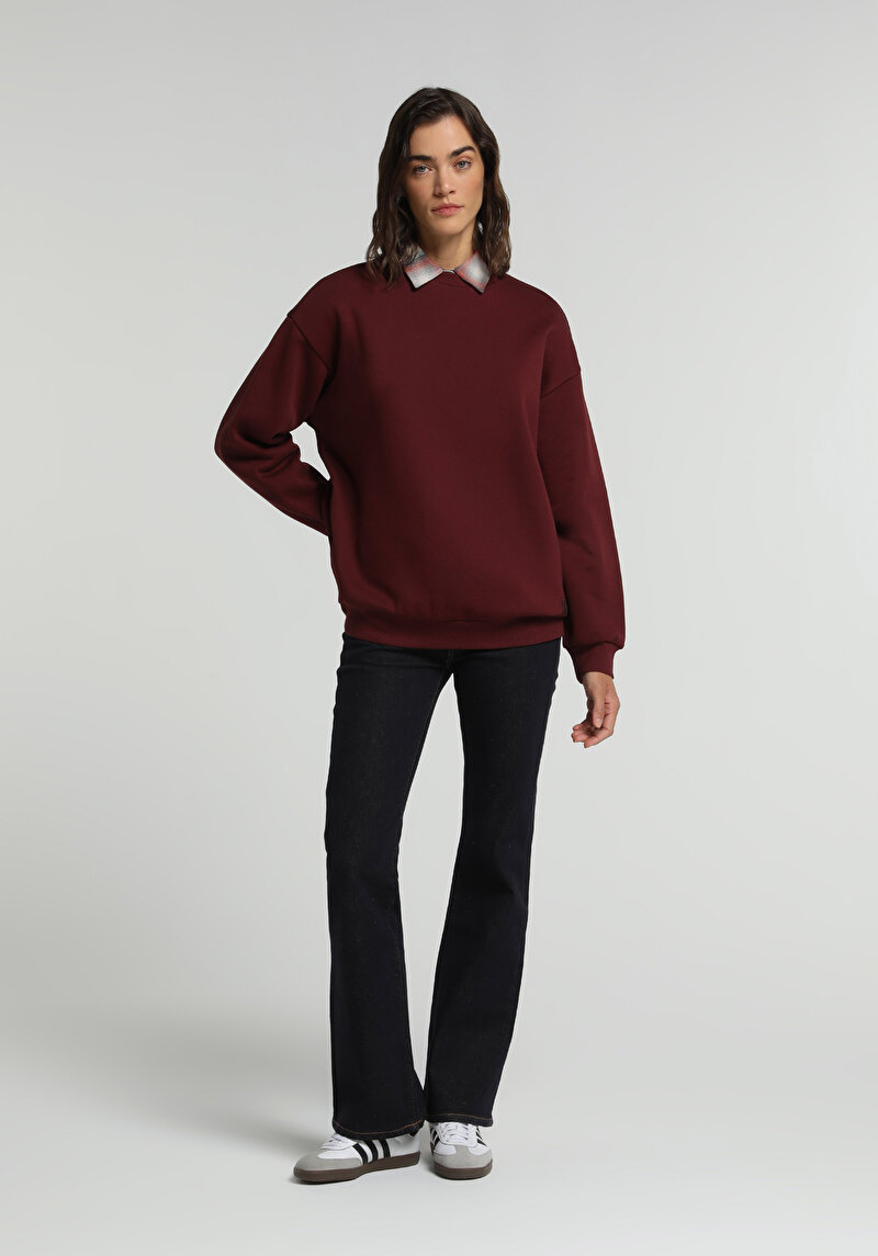 Relaxed Fit Yuvarlak Yaka Baskılı Kadın Bordo Sweatshirt