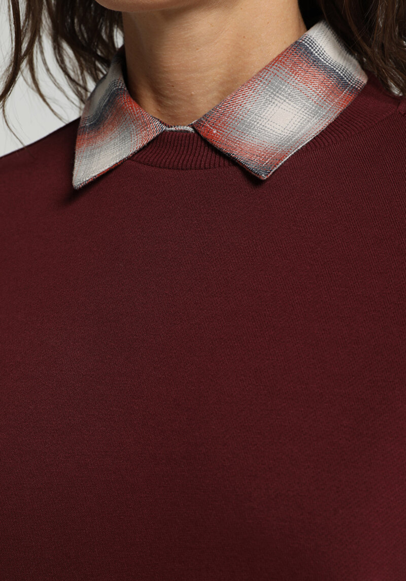 Relaxed Fit Yuvarlak Yaka Baskılı Kadın Bordo Sweatshirt