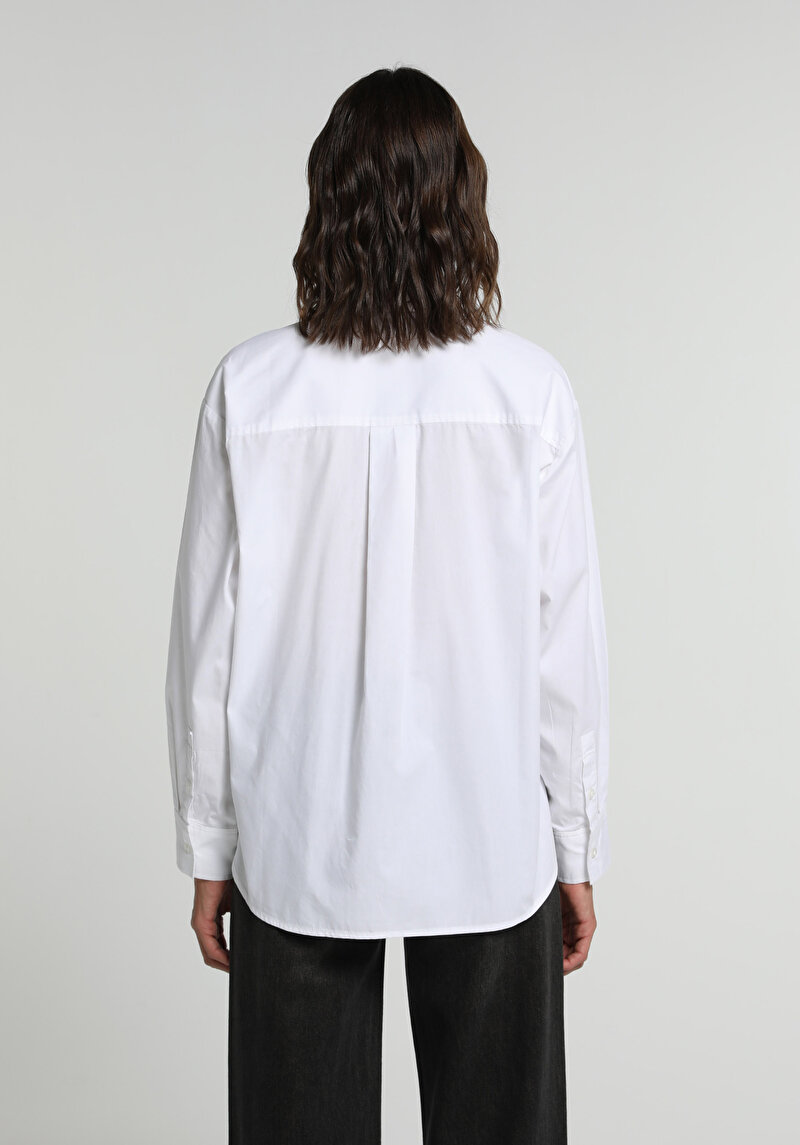 Boyfriend Fit Shirt Neck Düz Kadın Beyaz Uzun Kol Gömlek