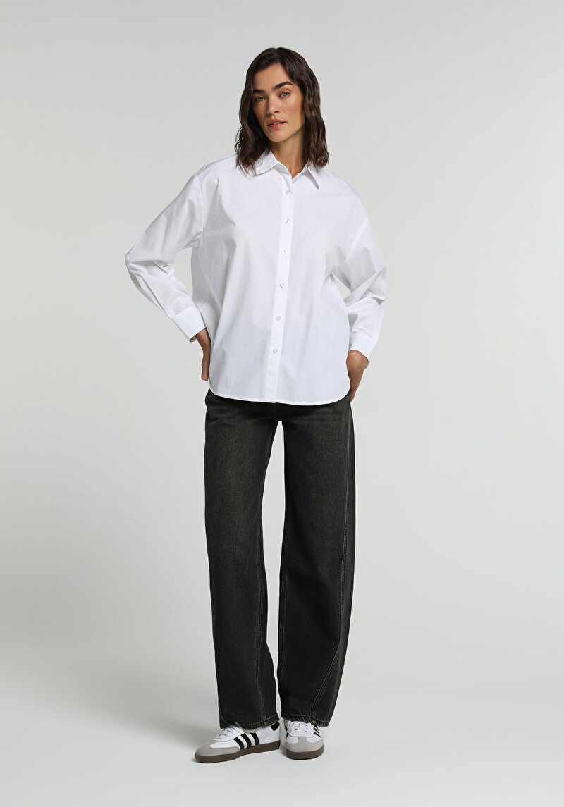 Boyfriend Fit Shirt Neck Düz Kadın Beyaz Uzun Kol Gömlek